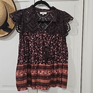 Madewell Floral Eyelet Collar Sleeveless Top - Black & Pink